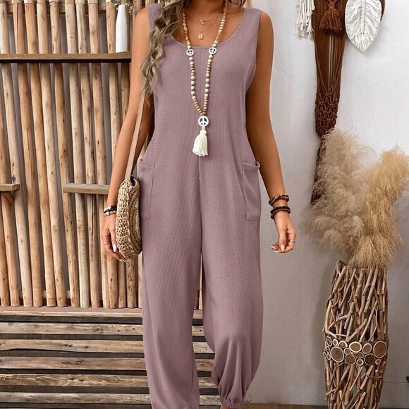 Pants - Dusty Pink Casual Women's Plain And Sleeveless Jumpsuit